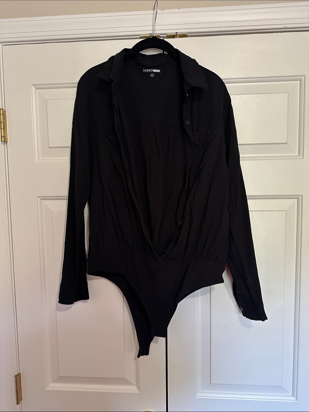 Fashion Nova Black Long Sleeve Button Front Bodysuit